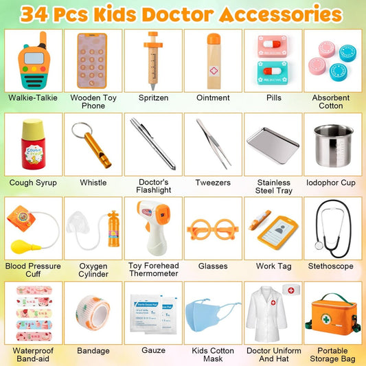 34 - Piece Doctor Kit with Real Stethoscope and Storage Bag for Kids - Babies Mall