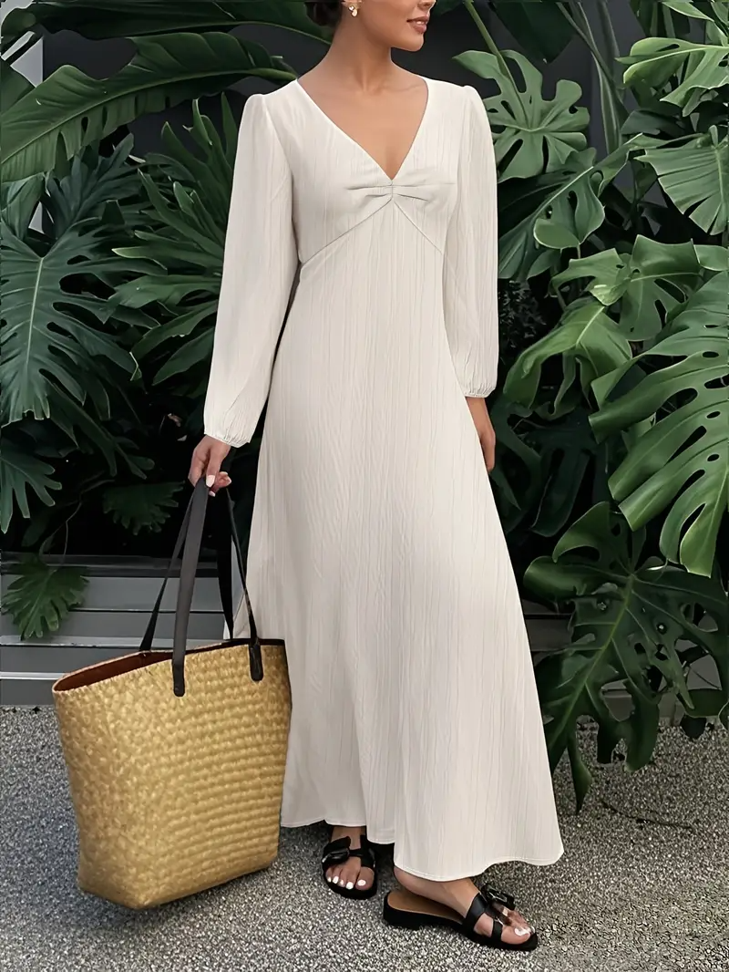 Elegant Long Sleeve Maxi Dress with V-Neck