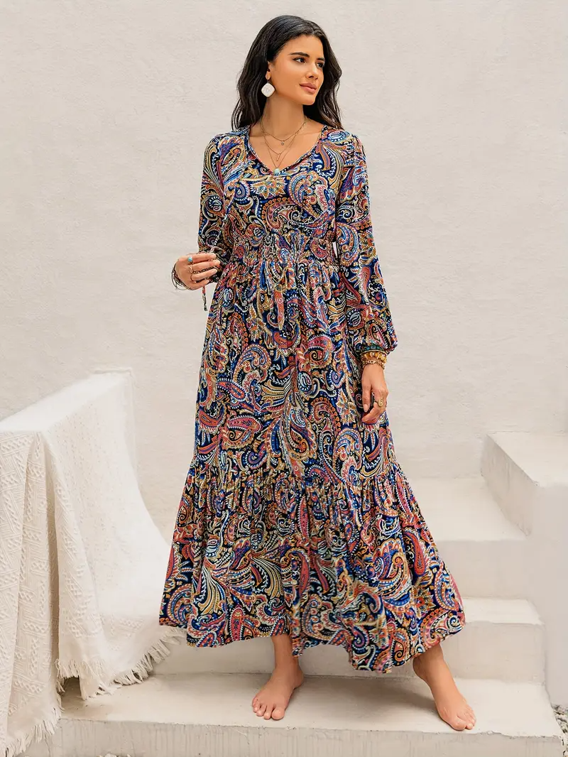 Long Sleeve Bohemian V-Neck Flowy Dress