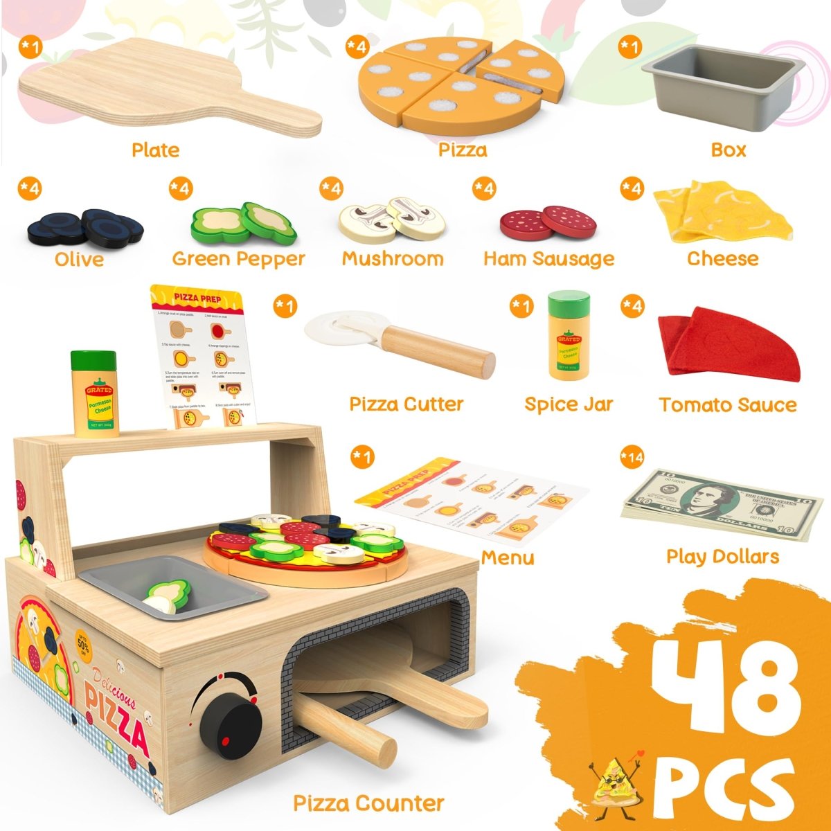 Montessori Wooden Pizza Toy with Counter Menu, Oven, Storage 49 Pieces - Babies Mall