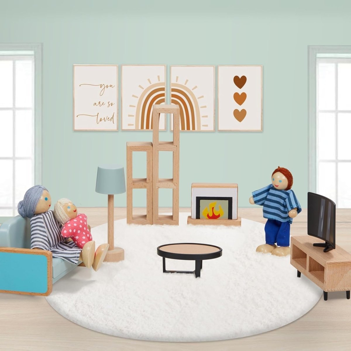 Wooden Dollhouse Furniture Set, 36pcs with 4 Dolls & Working Parts - Babies Mall