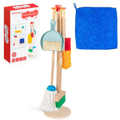 8 - Piece Wooden Cleaning Set for Kids with Mop Broom Brushes Stand Rag - Babies Mall