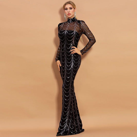 Black Maxi Dress with Silver Accents