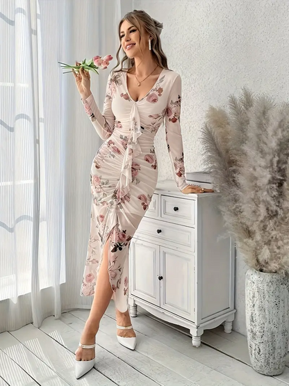 Floral Print Ruffled Bodycon Dress