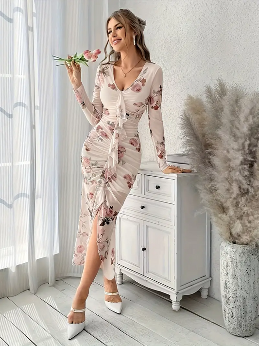 Floral Print Ruffled Bodycon Dress