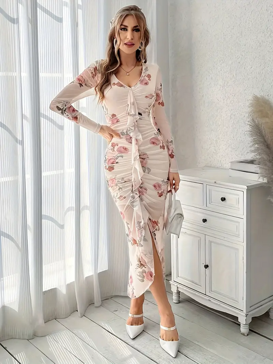 Floral Print Ruffled Bodycon Dress