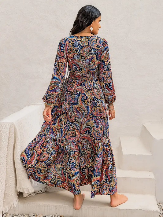 Long Sleeve Bohemian V-Neck Flowy Dress