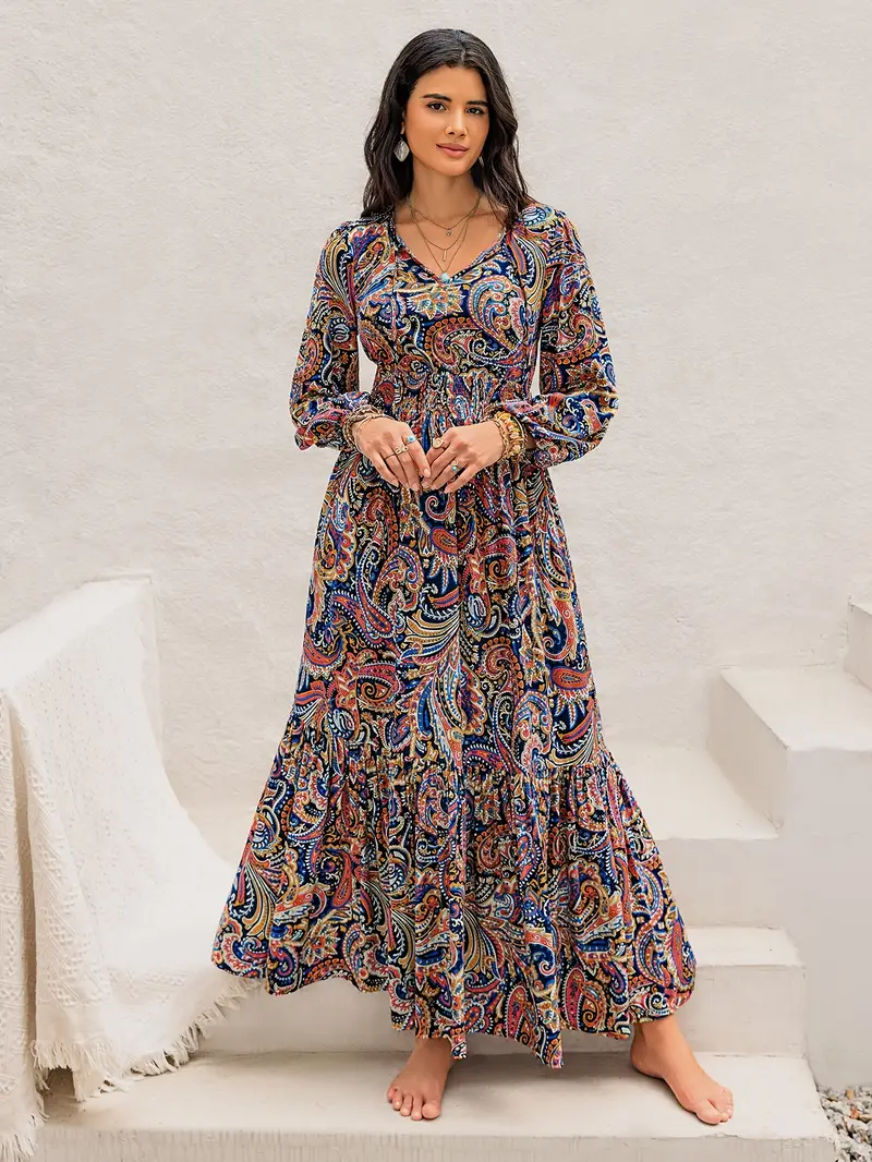Long Sleeve Bohemian V-Neck Flowy Dress