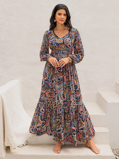 Long Sleeve Bohemian V-Neck Flowy Dress