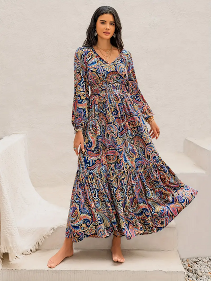 Long Sleeve Bohemian V-Neck Flowy Dress