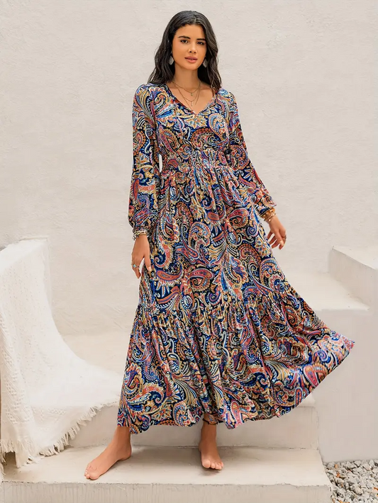 Long Sleeve Bohemian V-Neck Flowy Dress