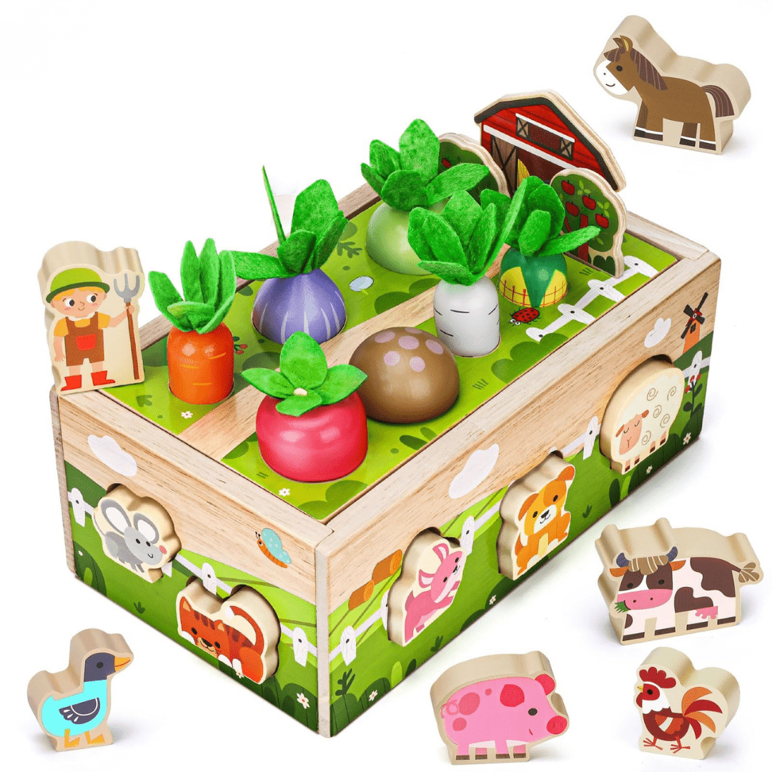 Montessori Carrot Toy with Animals, Storage, Shapes & Sorting - Babies Mall
