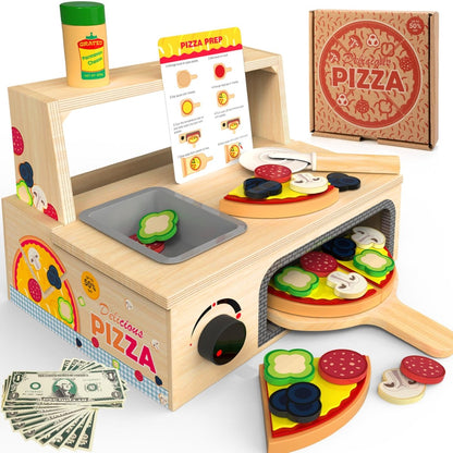 Montessori Wooden Pizza Toy with Counter Menu, Oven, Storage 49 Pieces - Babies Mall