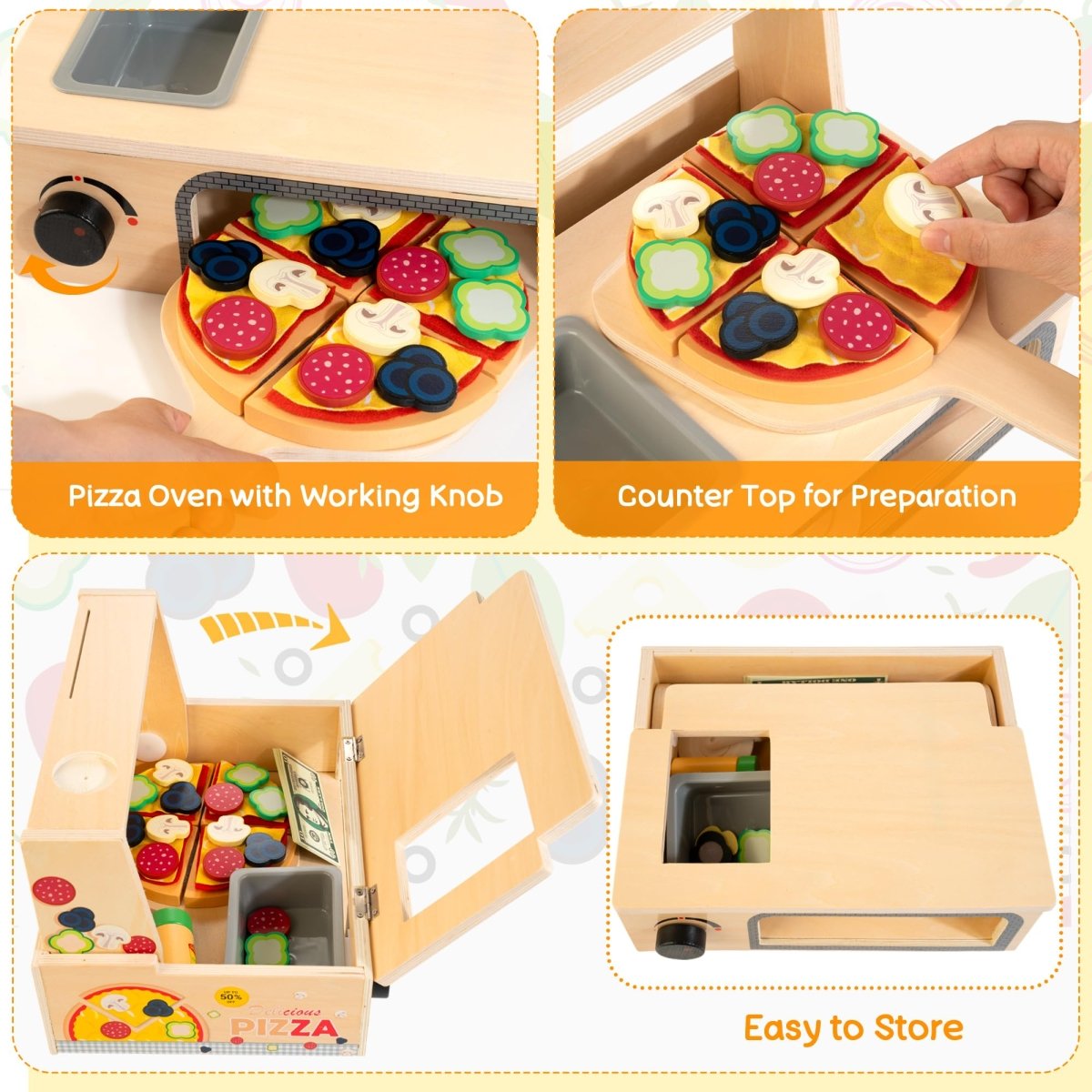 Montessori Wooden Pizza Toy with Counter Menu, Oven, Storage 49 Pieces - Babies Mall