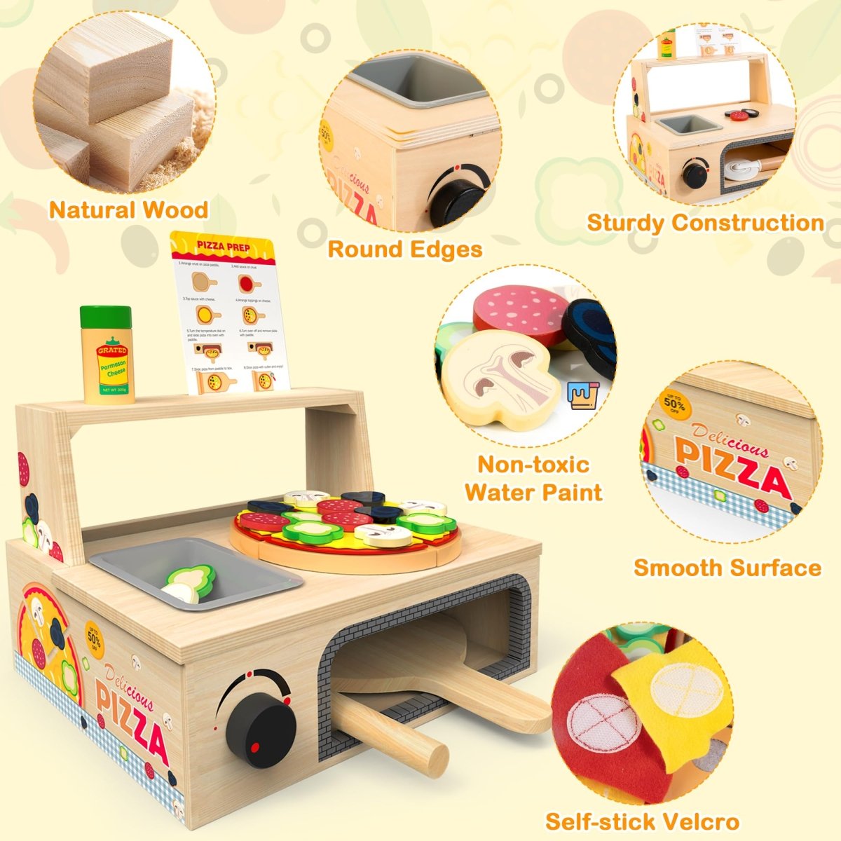 Montessori Wooden Pizza Toy with Counter Menu, Oven, Storage 49 Pieces - Babies Mall