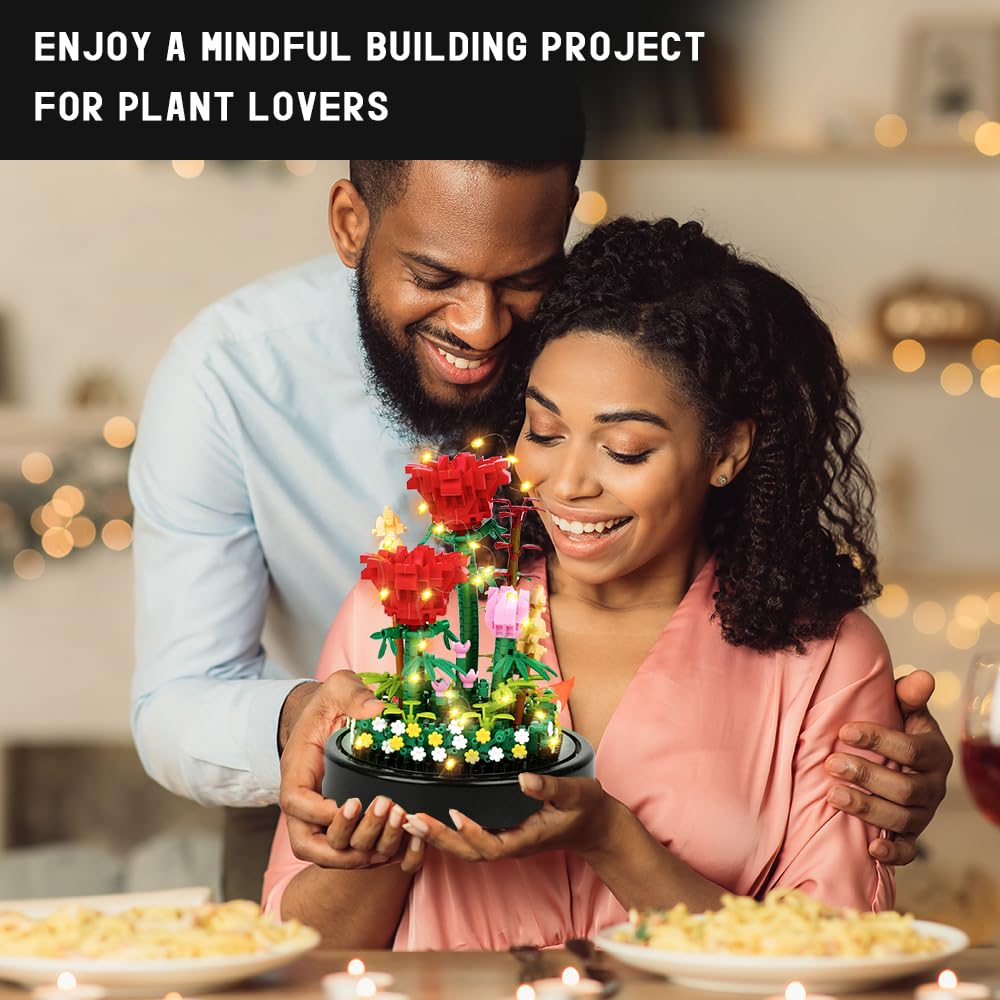 Rose Building Kit with LED Lights, 596 Mini Bricks and Display Dome - Babies Mall