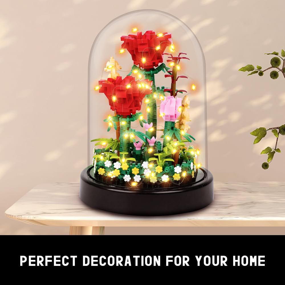 Rose Building Kit with LED Lights, 596 Mini Bricks and Display Dome - Babies Mall