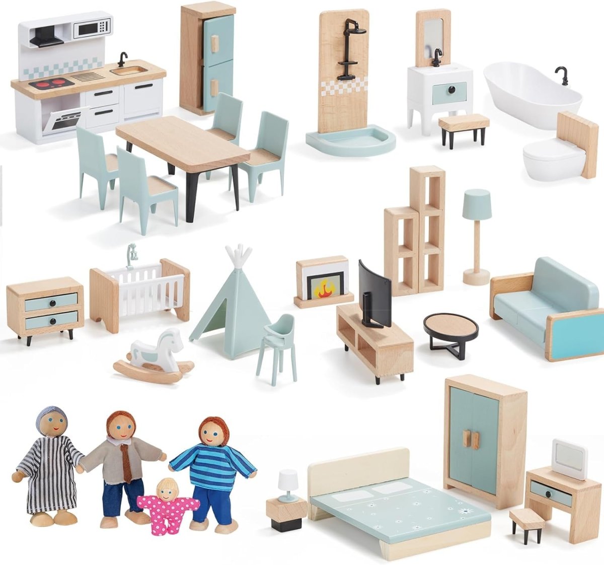 Wooden Dollhouse Furniture Set, 36pcs with 4 Dolls & Working Parts - Babies Mall